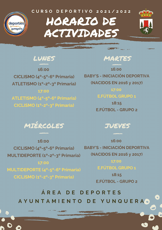 Hoario escuelas deportivas municipales Yunquera - Curso 2021-22
