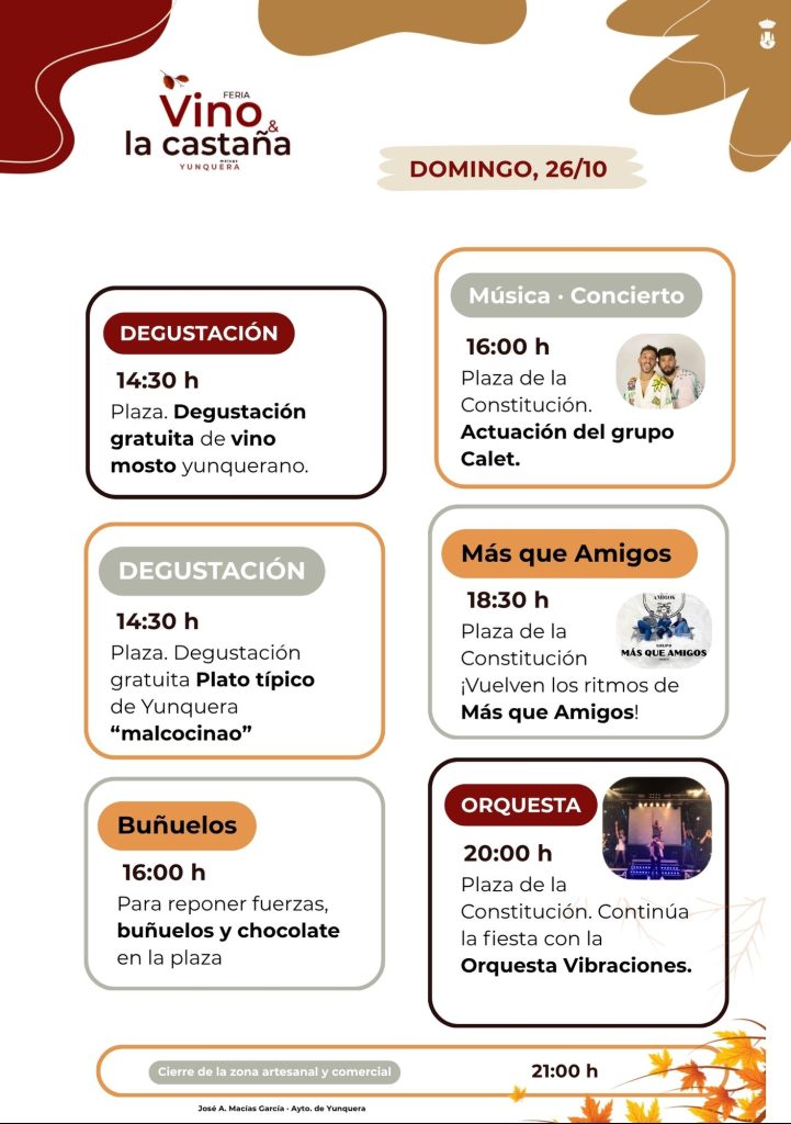 Programación de la XV Feria del Vino y la Castaña de Yunquera 2025 - Domingo 26 tarde