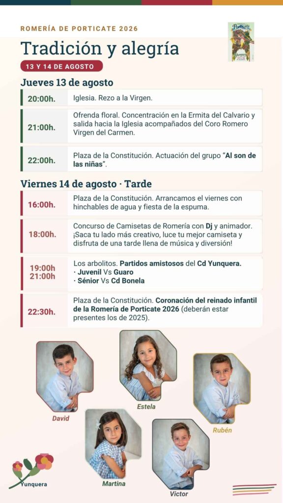 Programación Romería de Porticate 2026 - Jueves 13 y viernes 14 - Tarde
